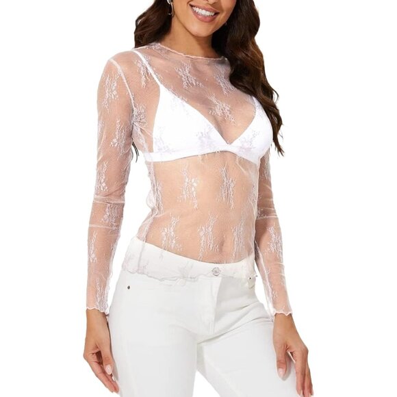 🆕 Women White Mesh Sheer Long Sleeve Tops Lace Sexy Mock Neck Shirts Layering - Picture 1 of 4